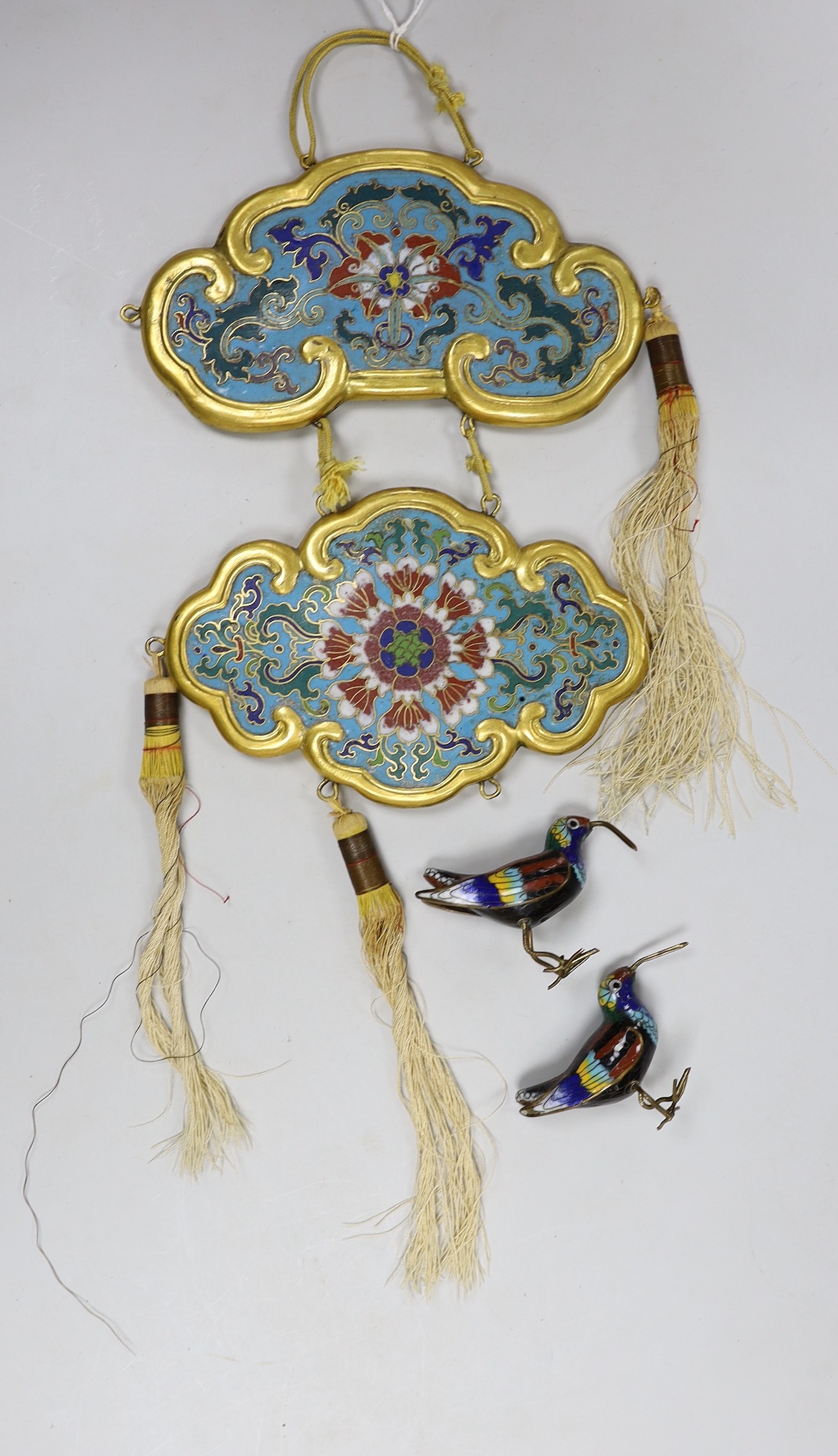 A Chinese gilt bronze and cloisonné enamel pendant, late Qing and a pair of similar birds